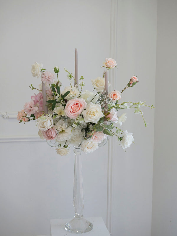 Crystal Candelabra with Silk Blush Pink Flower Arrangement - 水晶烛台配胭脂粉色绢花