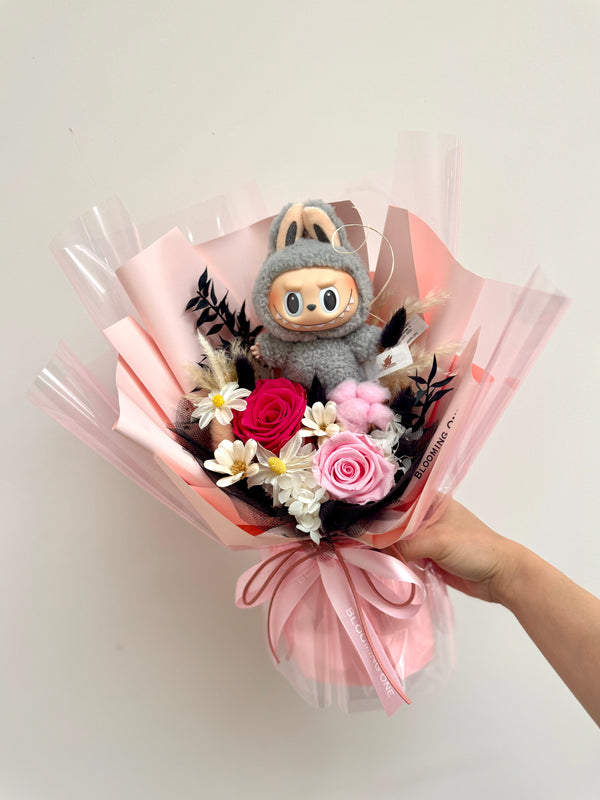 Labubu Preserved Roses Bouquet Sesame Bean - Labubu Sesame Bean 永生花花束
