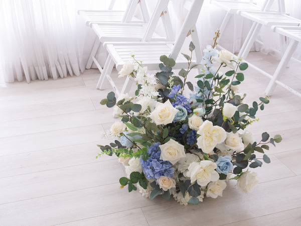Faux Centrepiece (22 inches) Classic Garden White with Light Blue  Rental - 绢花桌花22寸经典白绿蓝租赁