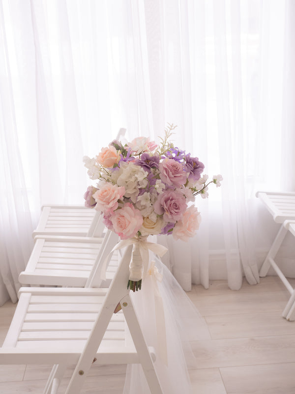 Ceremony Pink and White Silk Pew Flower with Ribbon Rental