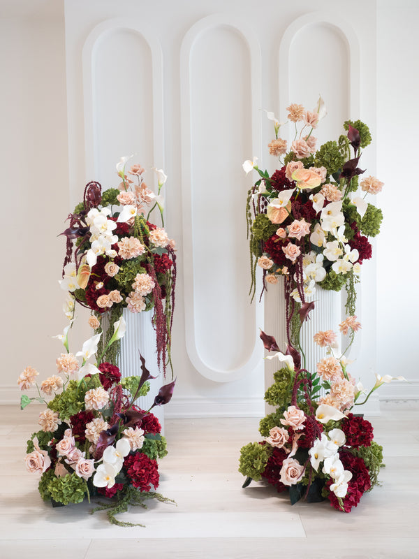 Burgundy & Oliver Green Floral Stands Rental