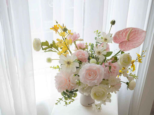 Silk Flower Arrangement/Centerpiece 15“ pink and yellow - 15寸粉黄桌花