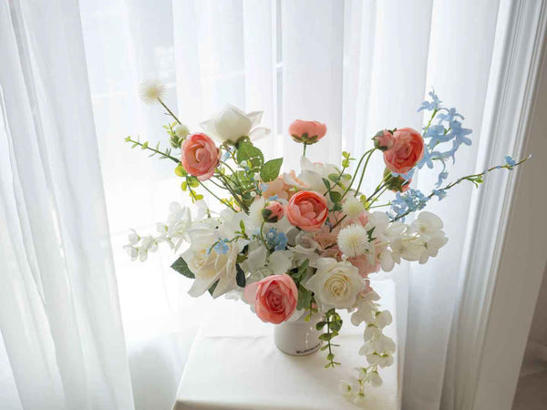 Silk Flower Arrangement/Centerpiece 15“ peach and blue - 15寸粉蓝桌花