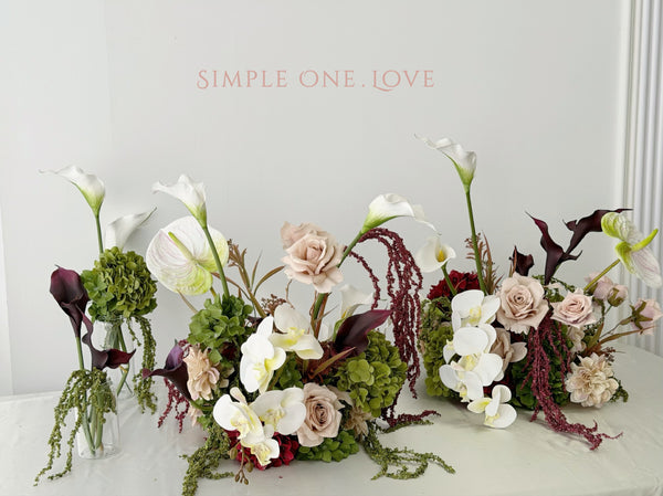 Faux Centrepiece (12 inches) Burgundy & Oliver Green Rental 绢花桌花12寸酒红橄榄绿租赁