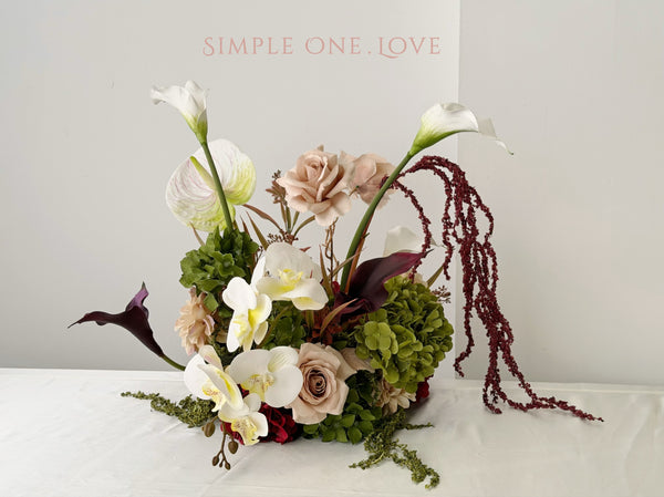 Faux Centrepiece (12 inches) Burgundy & Oliver Green Rental 绢花桌花12寸酒红橄榄绿租赁