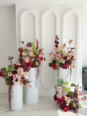 Burgundy & Strawberry floral stands rental